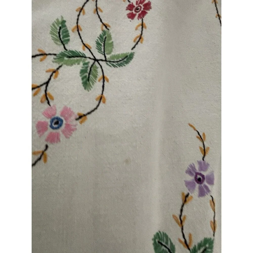 Vintage Hand Embroidery Cotton Table Cloth Floral 37x34” Square Ivory